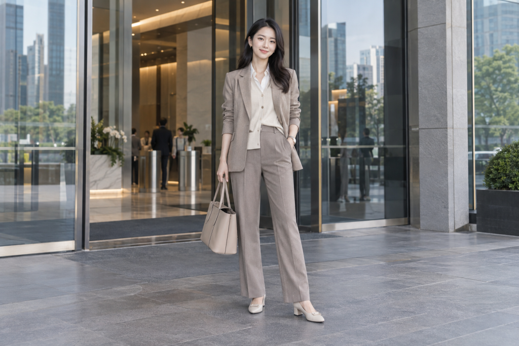 约30岁的职业女性穿着完整通勤造型站在办公楼入口