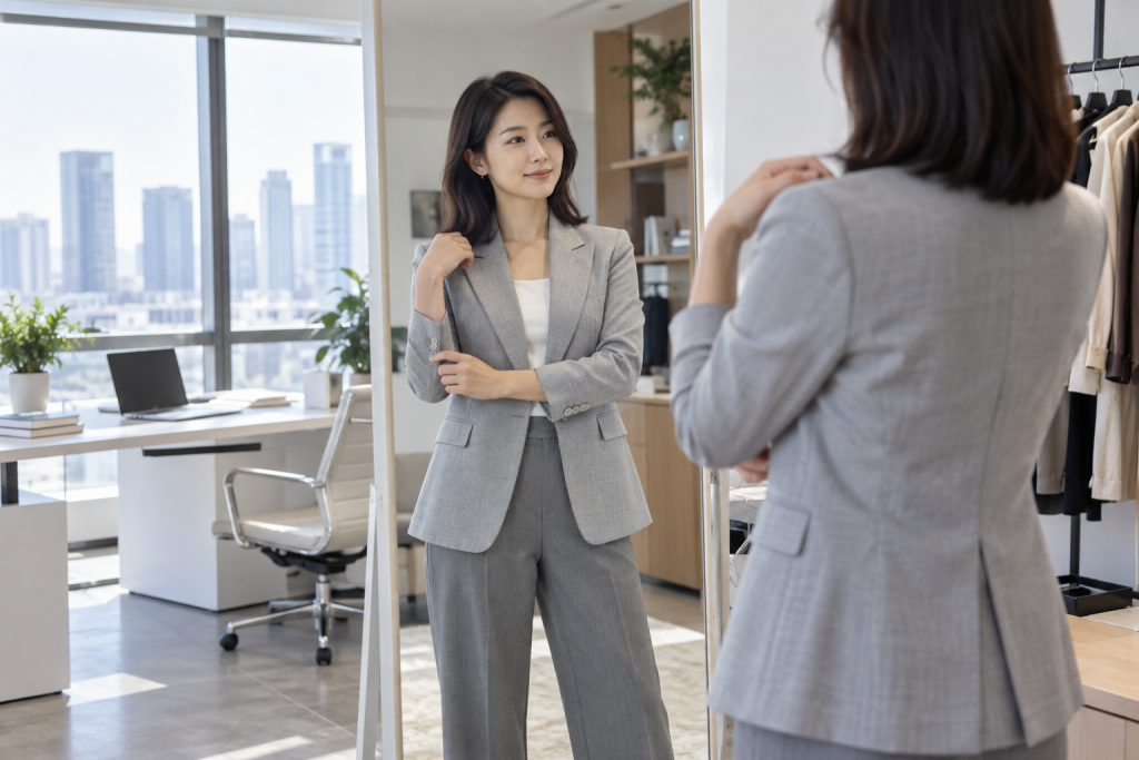 职业女性在办公室试穿浅灰西装，观察肩线和袖笼是否自然