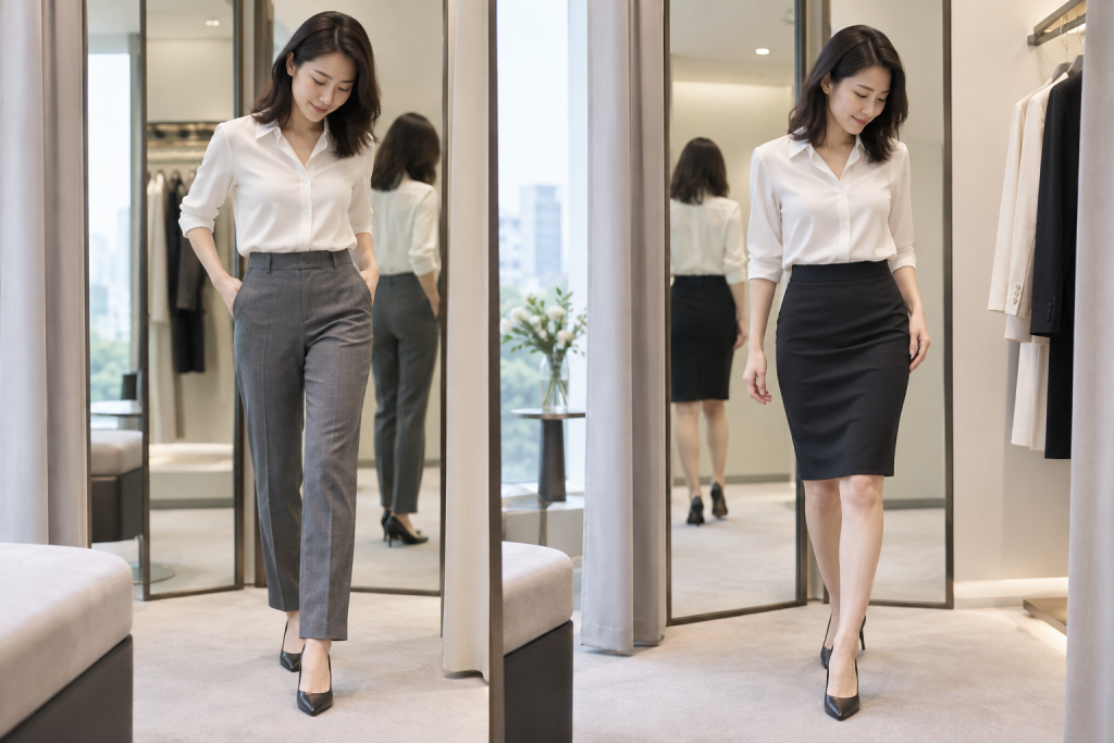 职业女性在明亮试衣间检查西裤和半身裙的臀围与走动效果
