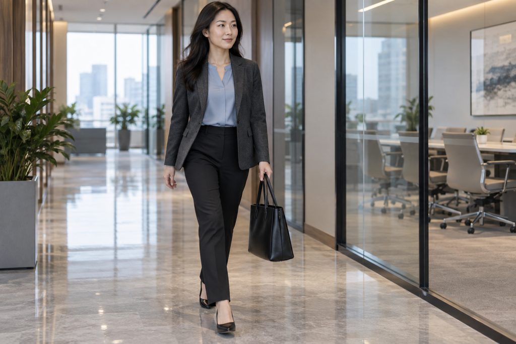 中国职业女性以深灰西装和黑色直筒裤搭配雾蓝衬衫，准备参加客户会面