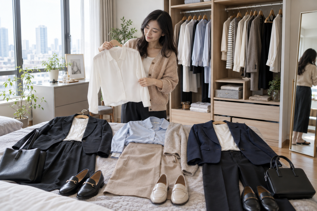 中国职业女性在衣橱前用一条直筒裤搭配白衬衫、针织衫和不同外套，展示多种通勤组合