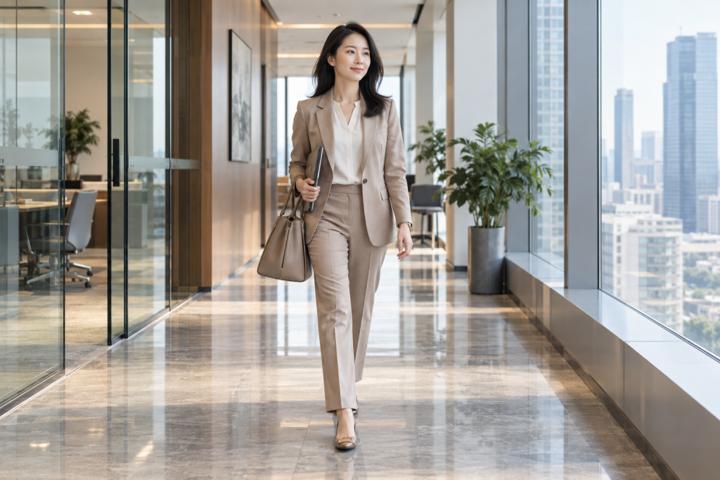 职业女性准备客户会面，穿结构感西装、简洁内搭、直筒裤和低跟皮鞋，在办公楼走廊内
