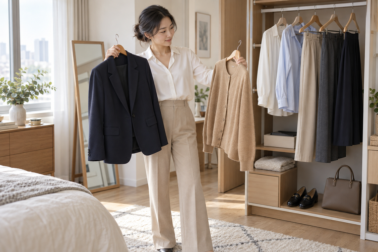 职业女性在衣柜前选择客户会面服装和配饰