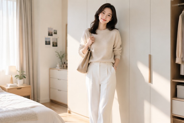 职业女性穿着米色针织衫和白裤子站在衣柜前，表情轻松