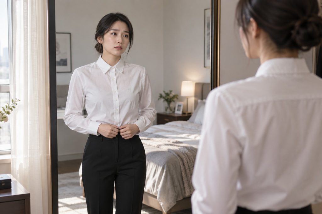 职业女性早晨穿着白衬衫黑裤子站在镜子前,略显拘谨